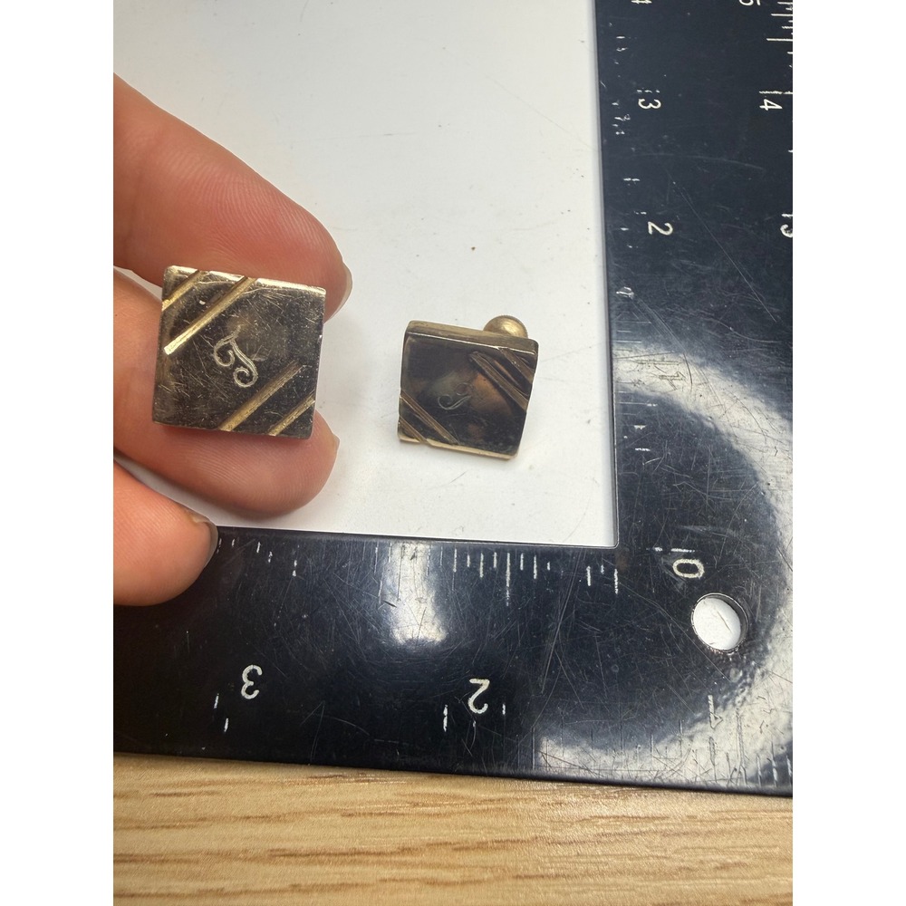 Vintage Gold Tone Monogram Square Screw Back Earrings Etched Diagonal Lines